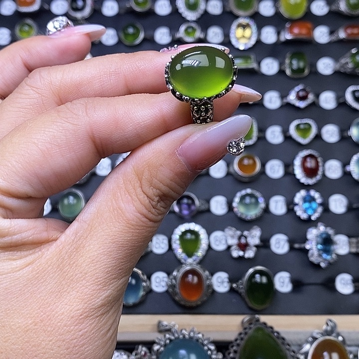 岫玉戒指银S925镶嵌灿*