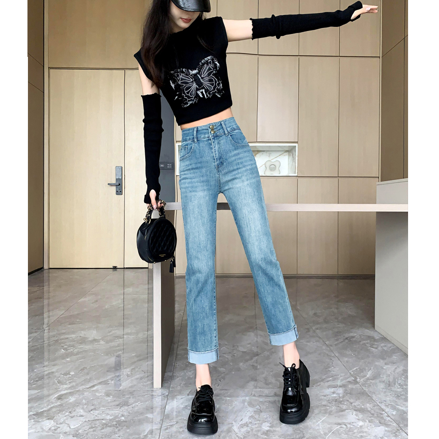 夏季高腰牛仔裤女九分直筒显瘦2025年薄款弹力小个子八分烟管裤子