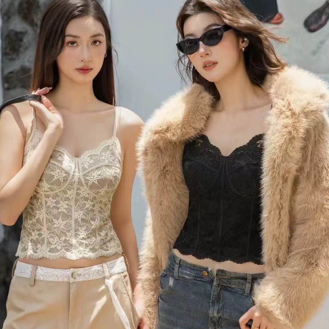 6100正品性感纯欲风鱼骨线蕾丝吊带背心内搭高质感带胸垫内衣秋冬