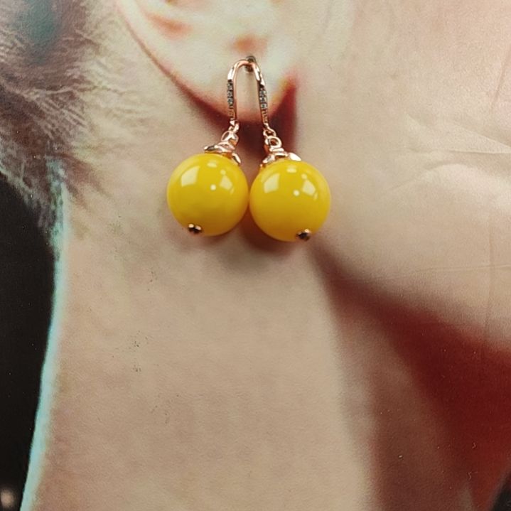 蜜蜡耳饰银S925镀金镶嵌