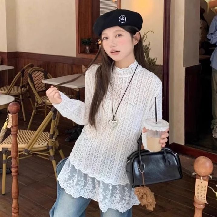 白色半高领蕾丝内搭打底衫春季韩系穿搭设计感别致中长款长袖上衣