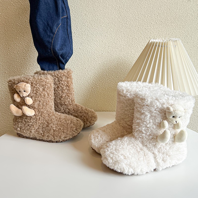 儿童韩版毛毛靴女童可爱小熊棉靴女宝保暖雪地靴宝宝软底加绒短靴