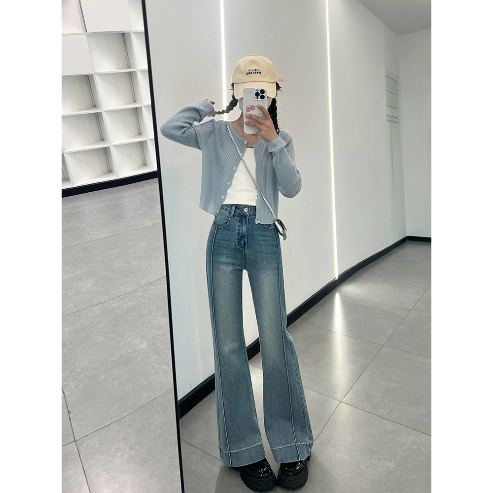 不贴腿微喇阔腿裤女高腰显瘦牛仔阔腿长裤89238