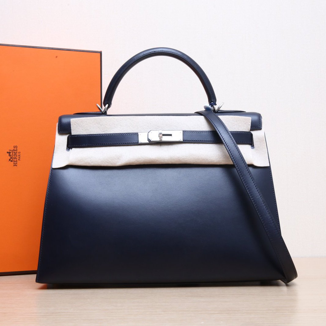 95新 Hermes/爱马仕 小花柳 Kelly 32 午夜蓝Box皮 框D银扣包