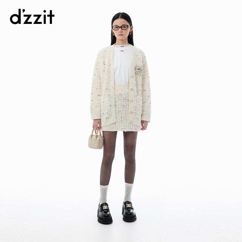 388【陈嘉尔专属】dzzit地素长袖针织衫春秋氛围感彩纱混纺镂空宽松