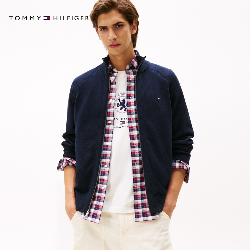 【柔软纯棉】Tommy秋冬男装商务休闲纯色立领开衫针织外套78J9322