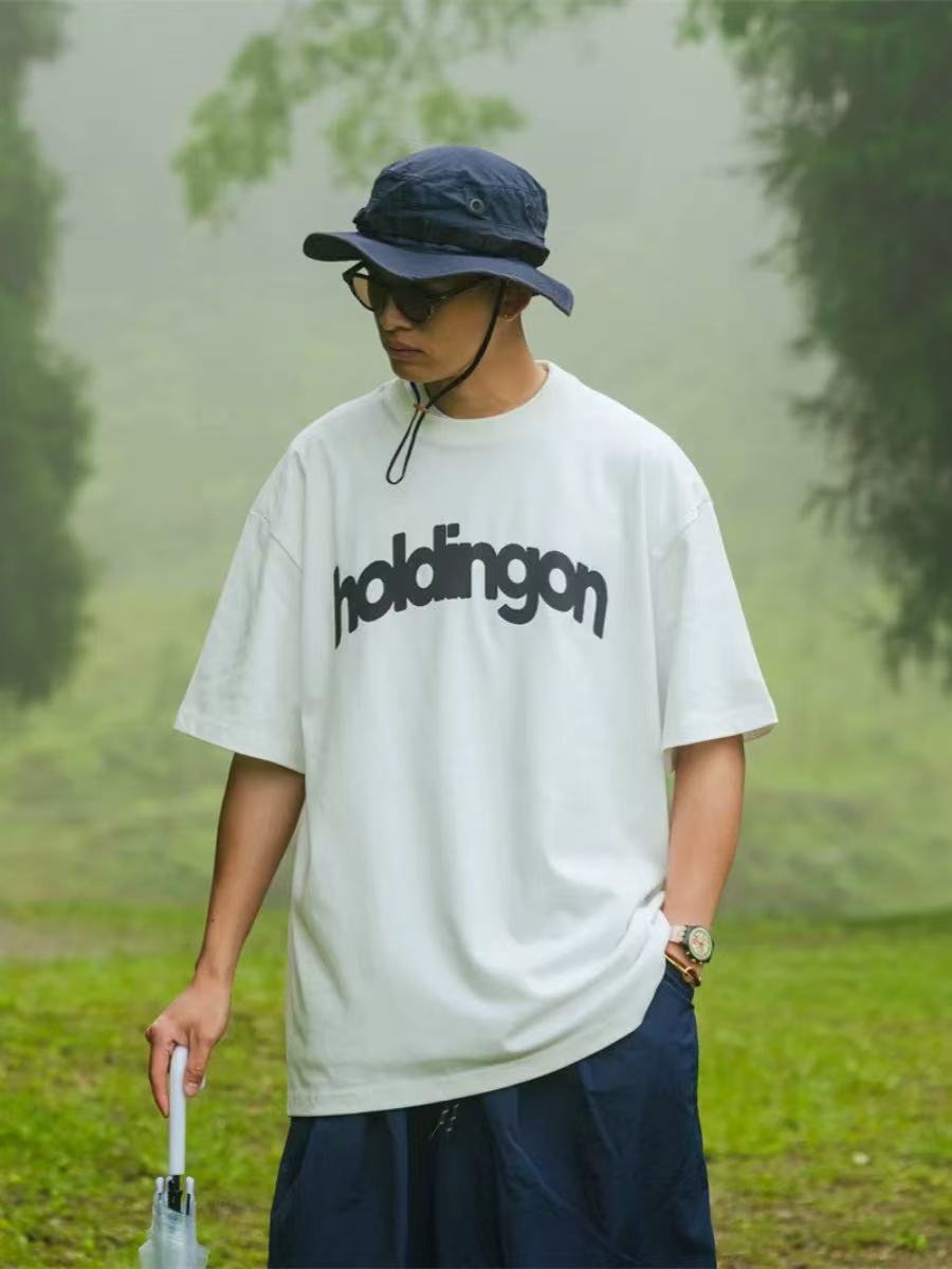 310g重磅扇形手绘英文短袖T恤纯棉宽松百搭夏季短袖tee-1120