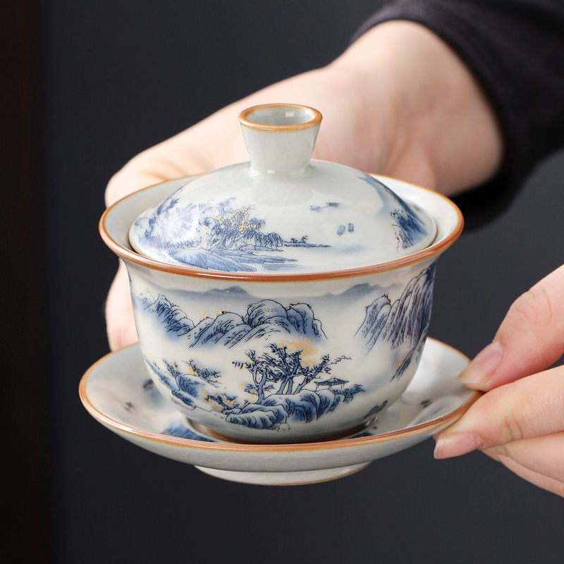 汝窑米黄复古盖碗单个陶瓷泡茶盖碗功夫高档茶具三件套家用泡茶碗