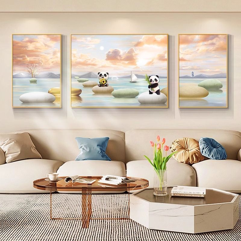 奶油风石来运转创意熊猫客厅沙发背景墙三联装饰画好寓意