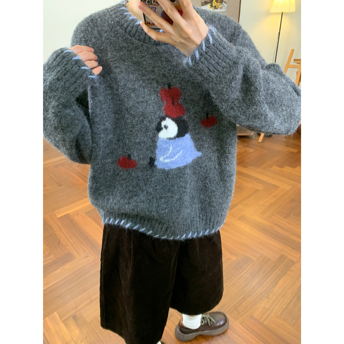 复古手工勾线企鹅提花毛衣女韩版秋冬新款宽松百搭显瘦针织衫套头