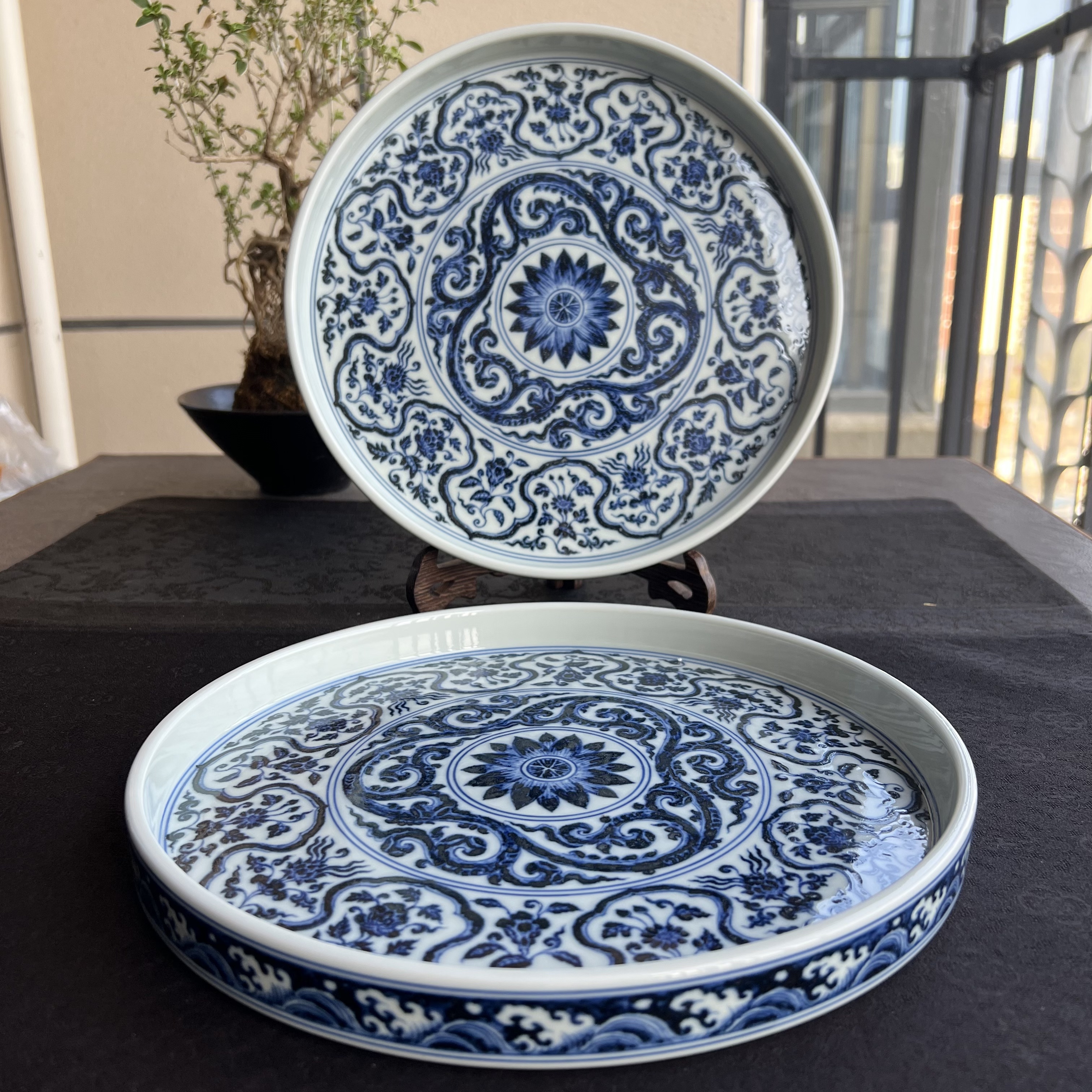 舜瓷天工一品缠枝收纳盘手工陶瓷茶盘青花瓷圆形托盘主人杯单杯