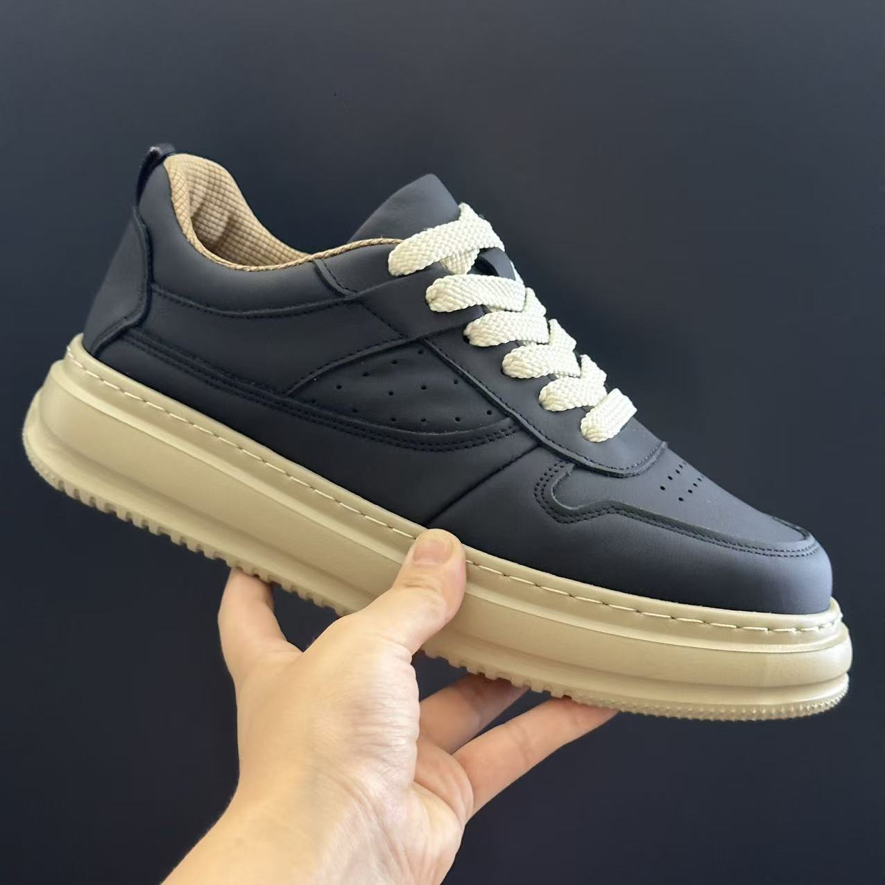 厚底头层牛皮男鞋小黑鞋透气休闲皮鞋套筒休闲风车缝线防臭88038