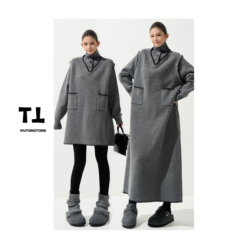 11/29【灰色冬眠】冬季宽松假两件净版毛衣裙女过膝长款针织裙62989