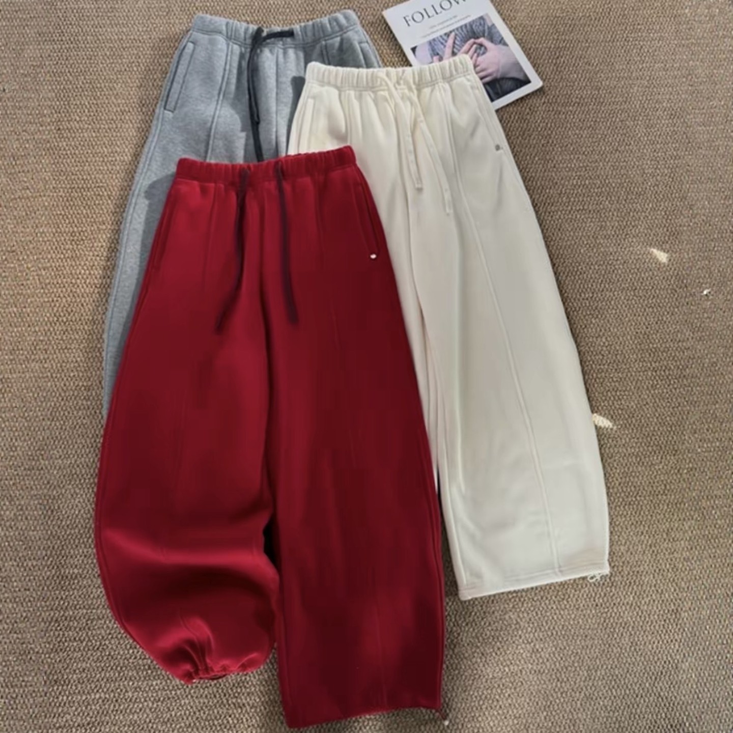 正版设计感加绒加厚休闲卫裤女装冬季爆款抽绳松紧腰显瘦阔腿裤潮