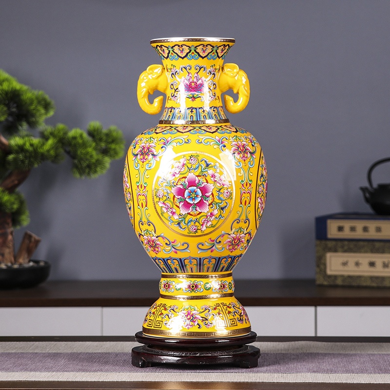 景德镇陶瓷客厅玄关瓷器摆件掐丝珐琅彩帝王黄大象瓶带礼盒