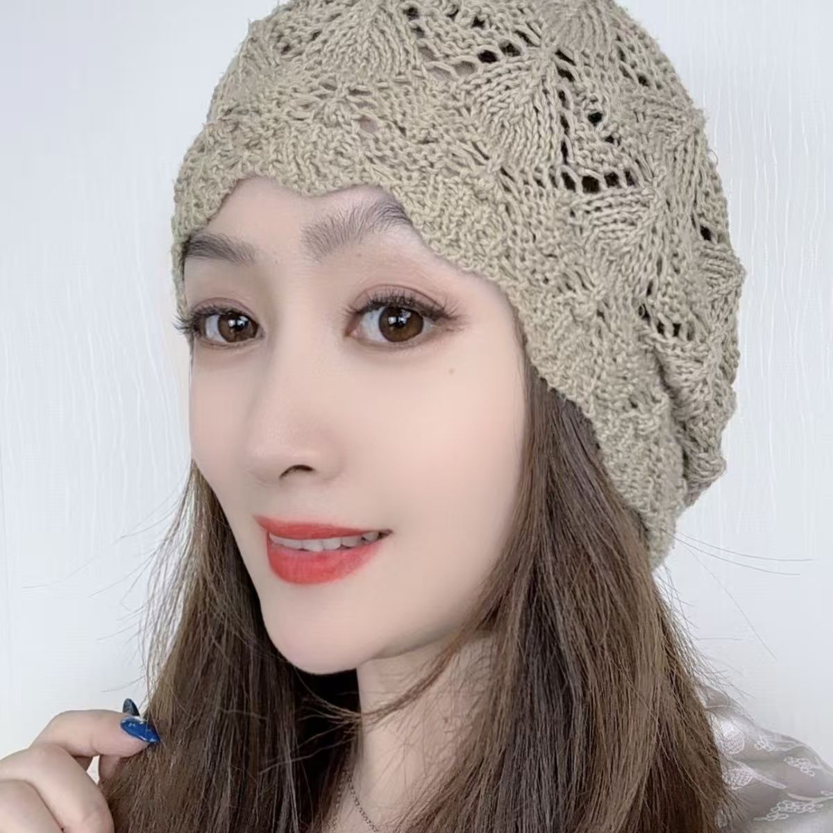  镂空针织包头帽时尚花朵蕾丝女士手工女堆堆帽遮白发薄款