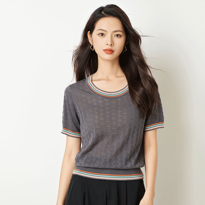 宝迪莱丝专柜正品2025夏季薄款圆领短袖天丝毛衫女纯色百搭上衣