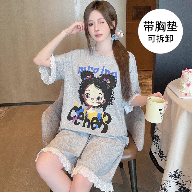 【纯棉-带可拆卸胸垫】睡衣短袖青年夏季睡衣家居服套装学院风圆领