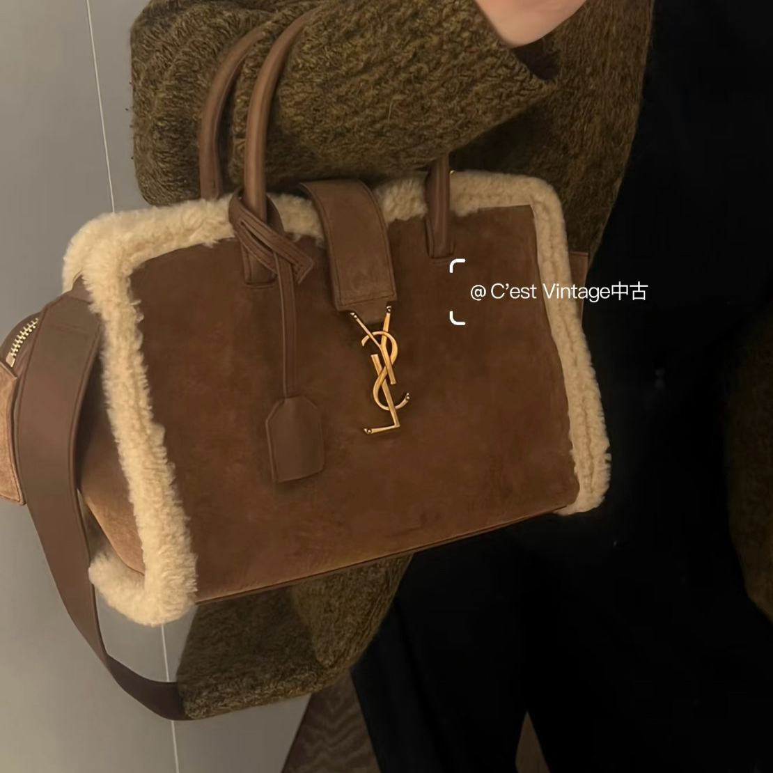 95新 YSL/圣罗兰 Lumi包展-棕色麂皮拼羊羔毛托特包