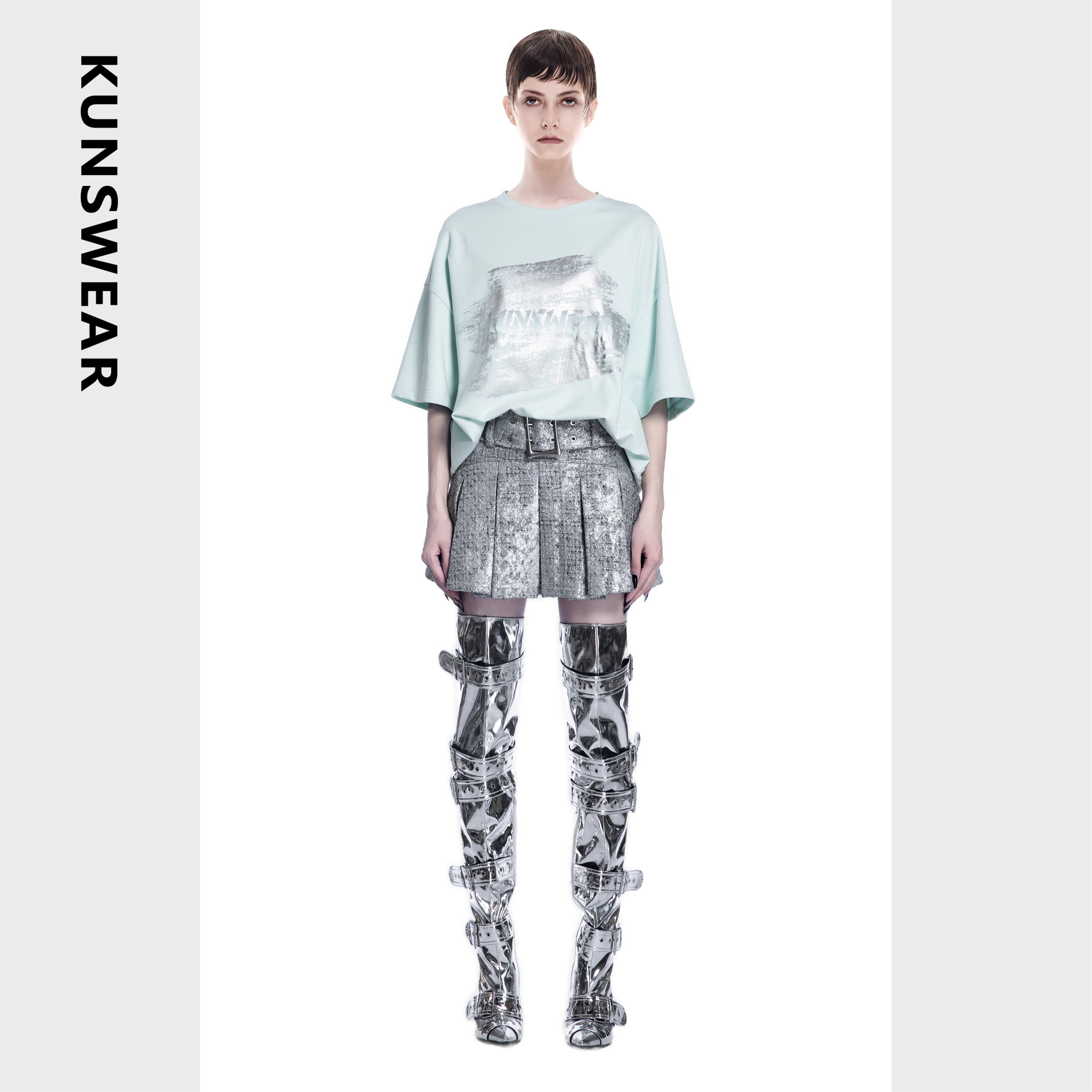 KUNSWEAR/琨丝薇尔25SP 科技感辣妹时尚腰带百褶短裙女 832007010