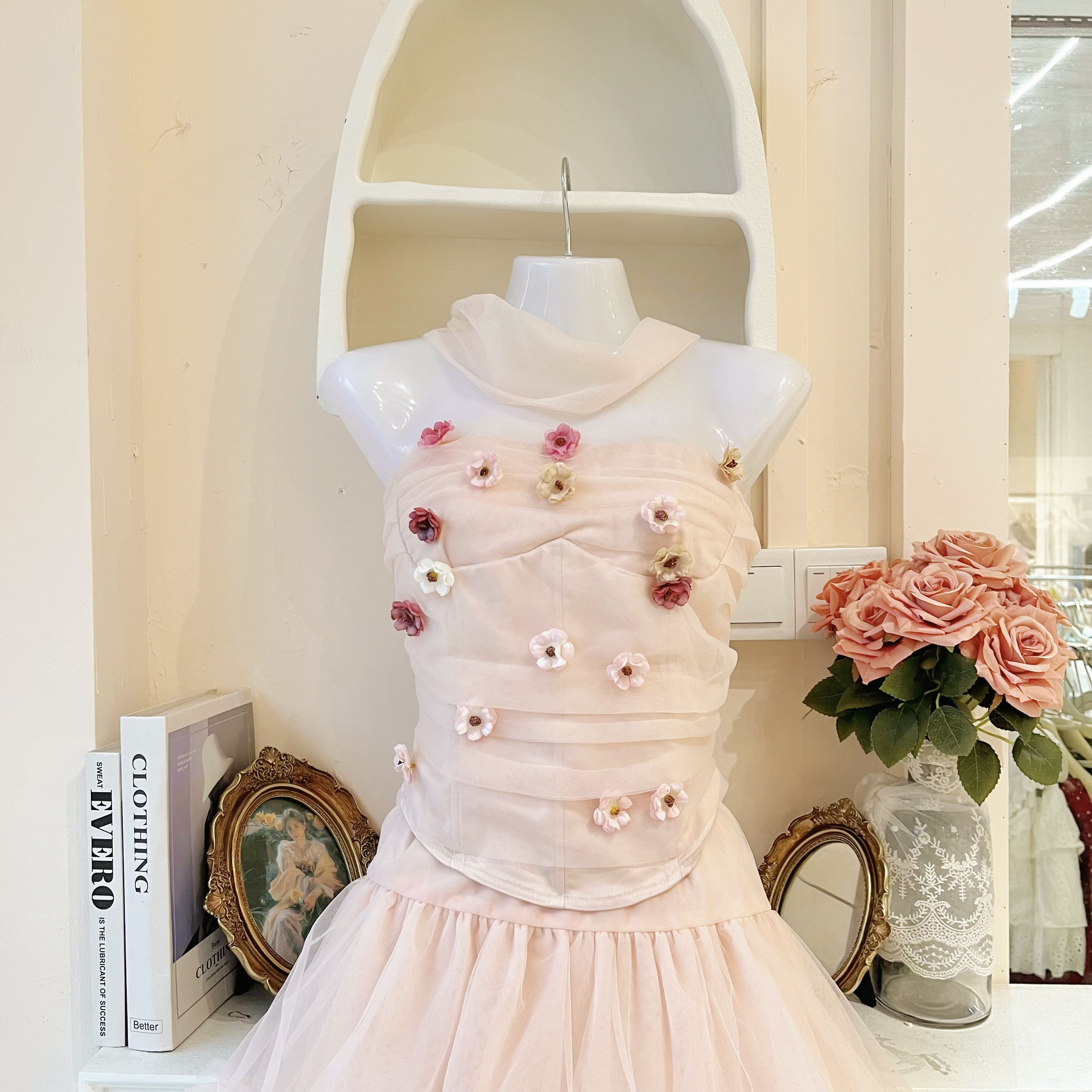 LHTE青青大码女装 蔷薇玫瑰 夏款纯欲辣妹纱纱花朵上衣C5559粉色