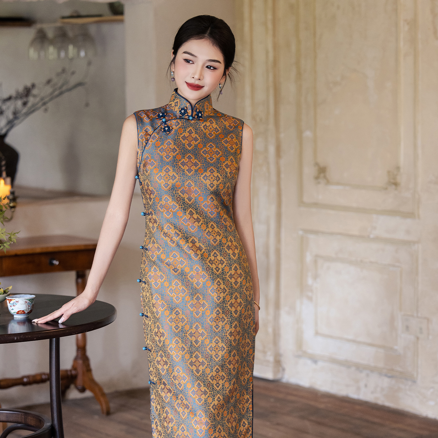 【如意花卉】良辰媄锦桑蚕丝宋锦全开襟手工长款旗袍衣长约130CM