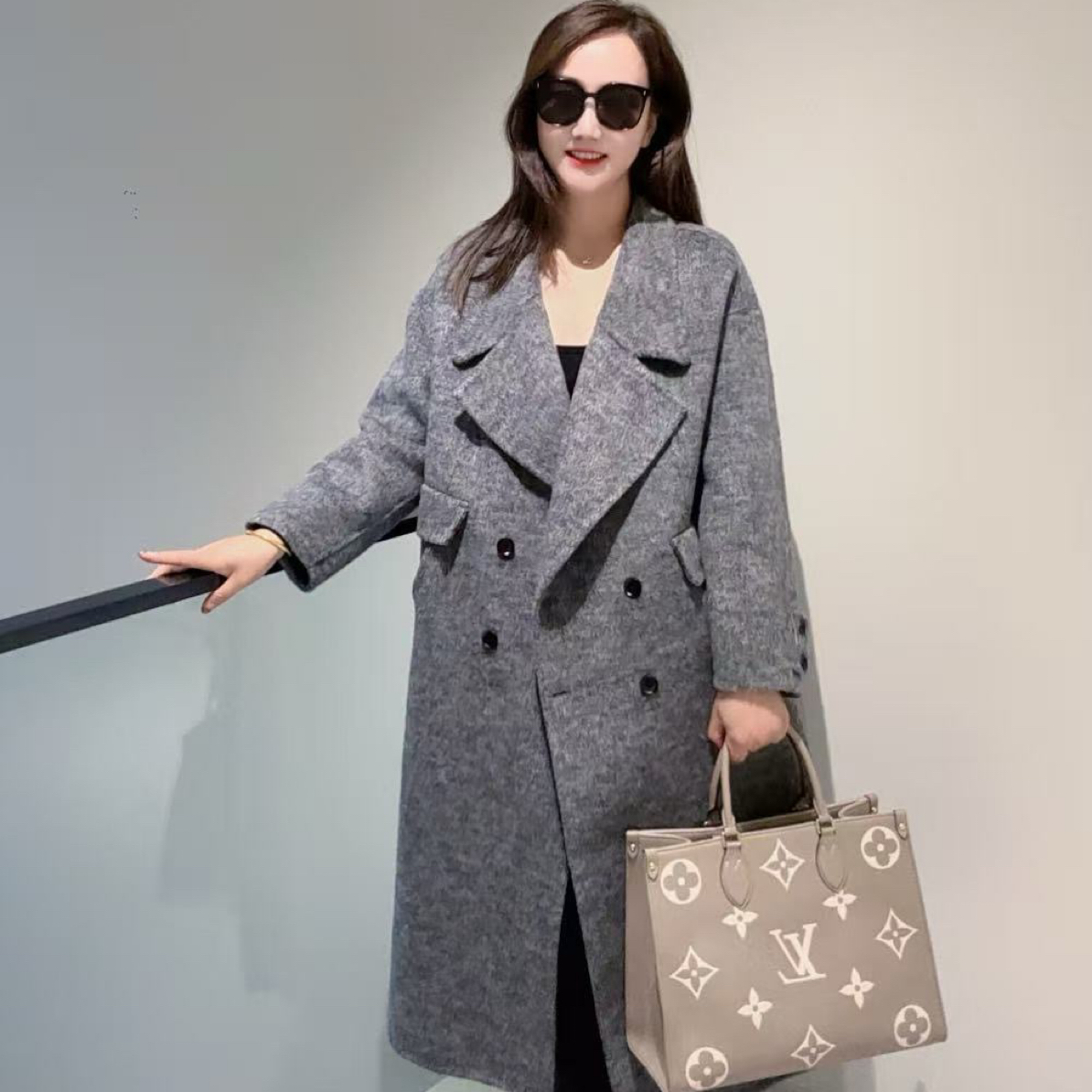 8167秋冬新款宽松韩版高级感四粒扣双面呢中长款毛呢大衣