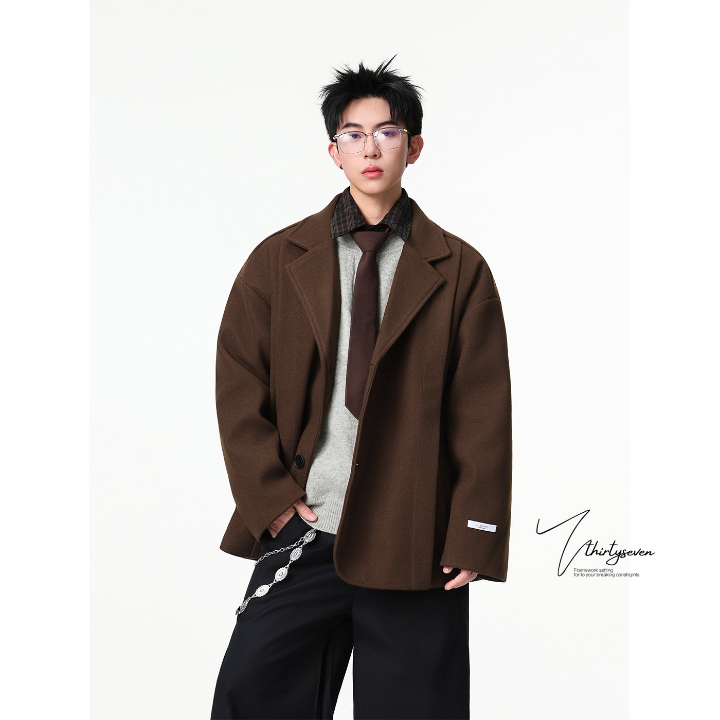 V37美式复古西装外套男秋季高街潮牌夹克上衣日常高级感毛呢大衣