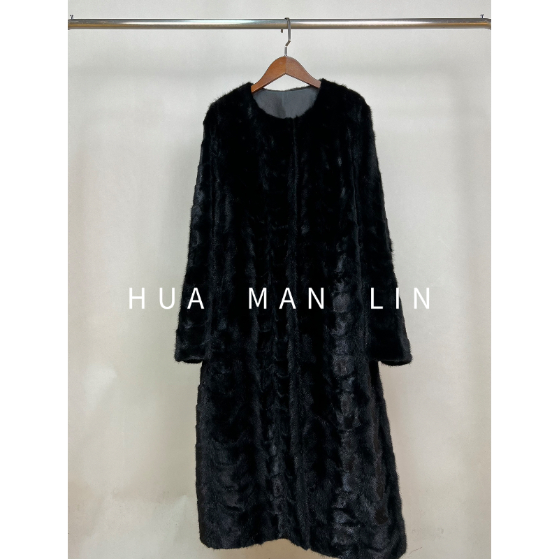 【花滿林】圆领绵羊皮水貂毛皮长款外套【有腰带】2383
