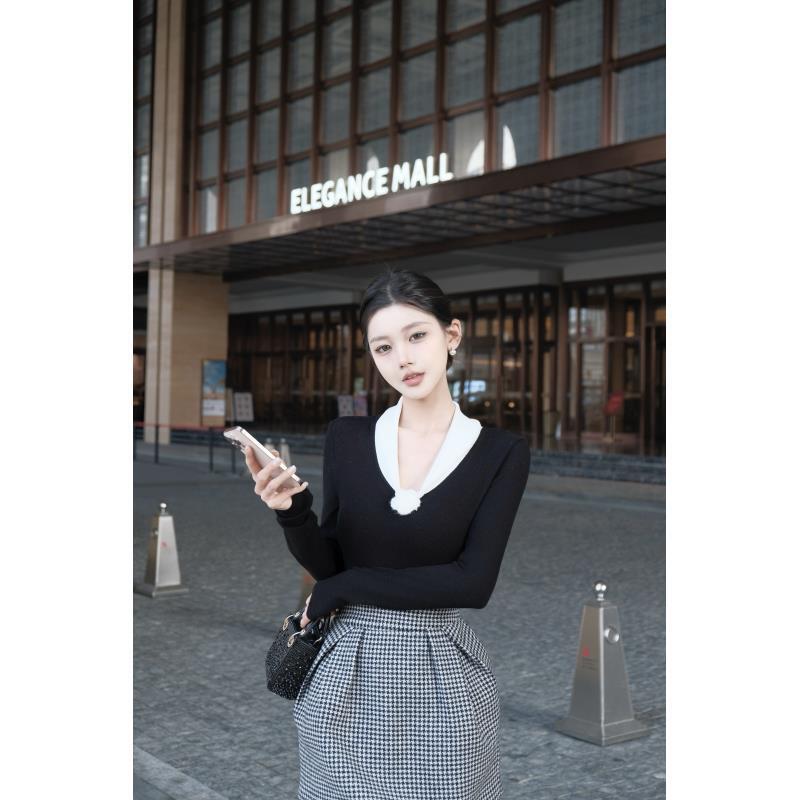 春日部【黑织格序】法式气质上衣格子短裙套装01439