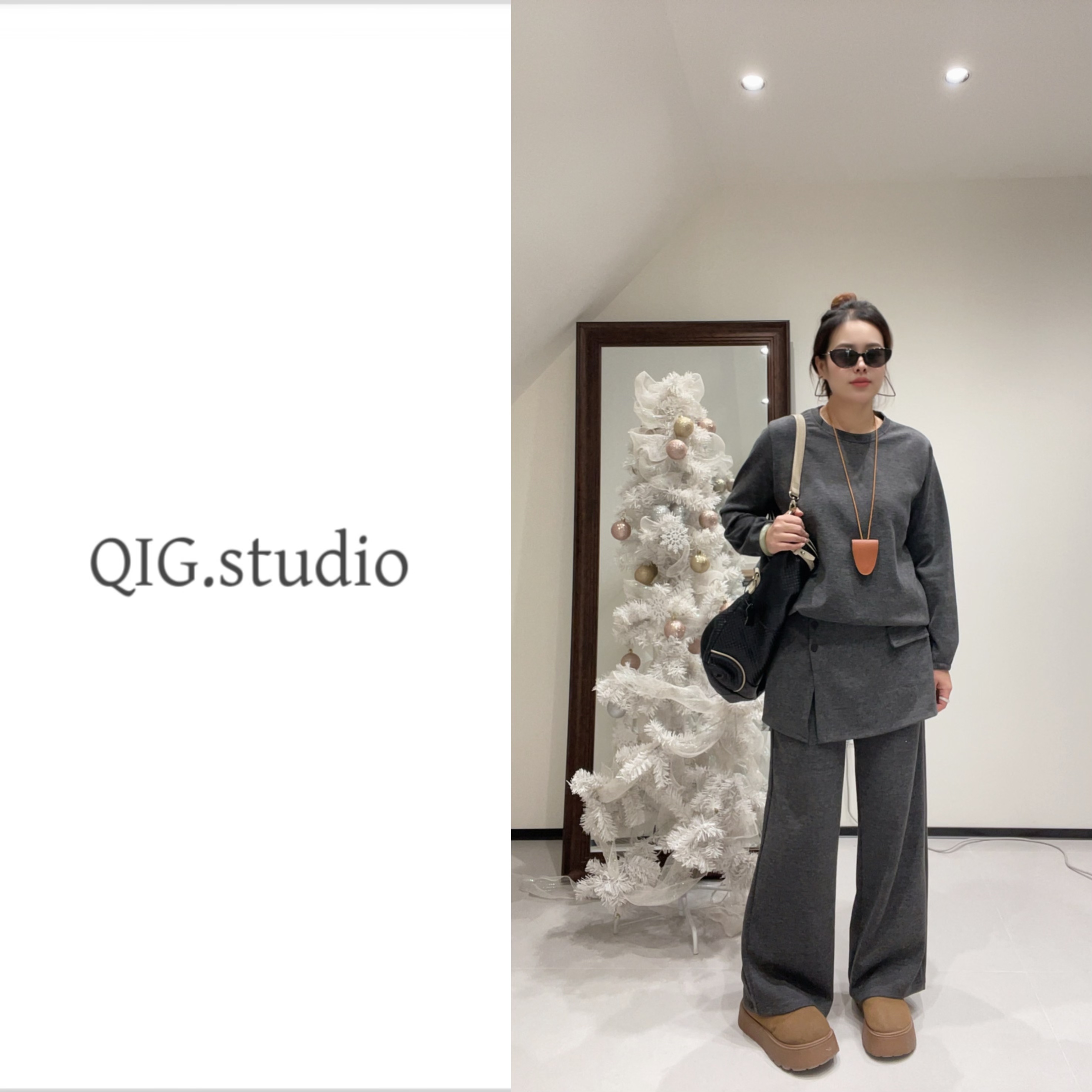 QIG秋冬时髦精小众三件套套装显瘦屁帘直筒裤设计感纯色套装