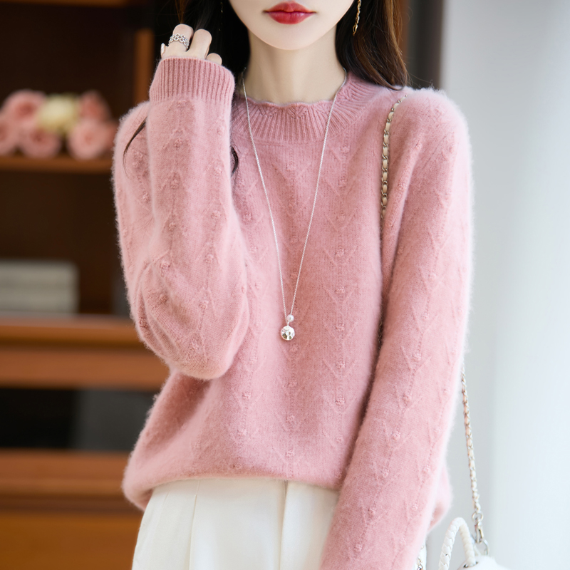 2025秋冬新款女士宽松花边圆领设计感提花打底针织衫羊毛衫DMR254