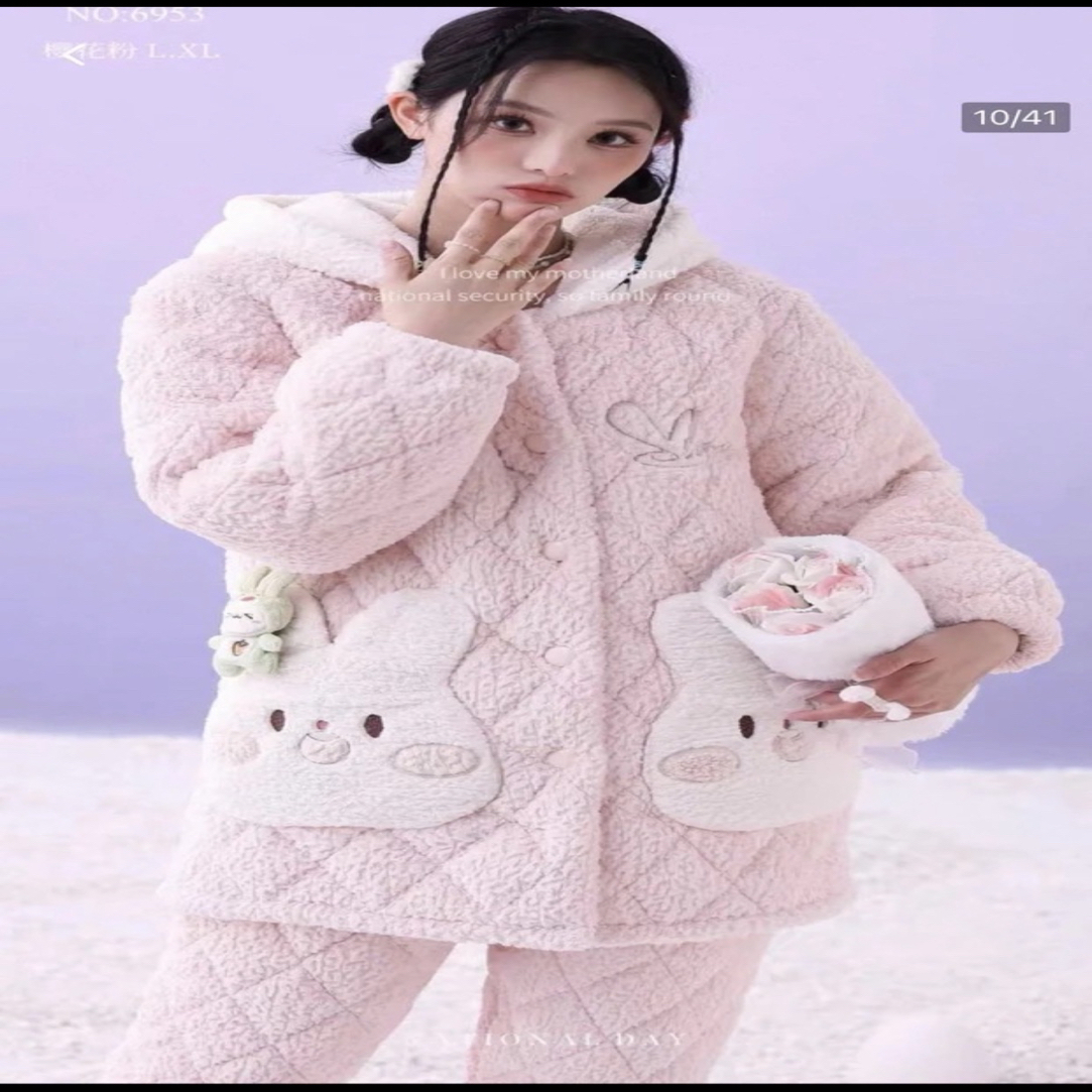 6953甜美可爱亲子连帽款保暖冬季加厚家居服
