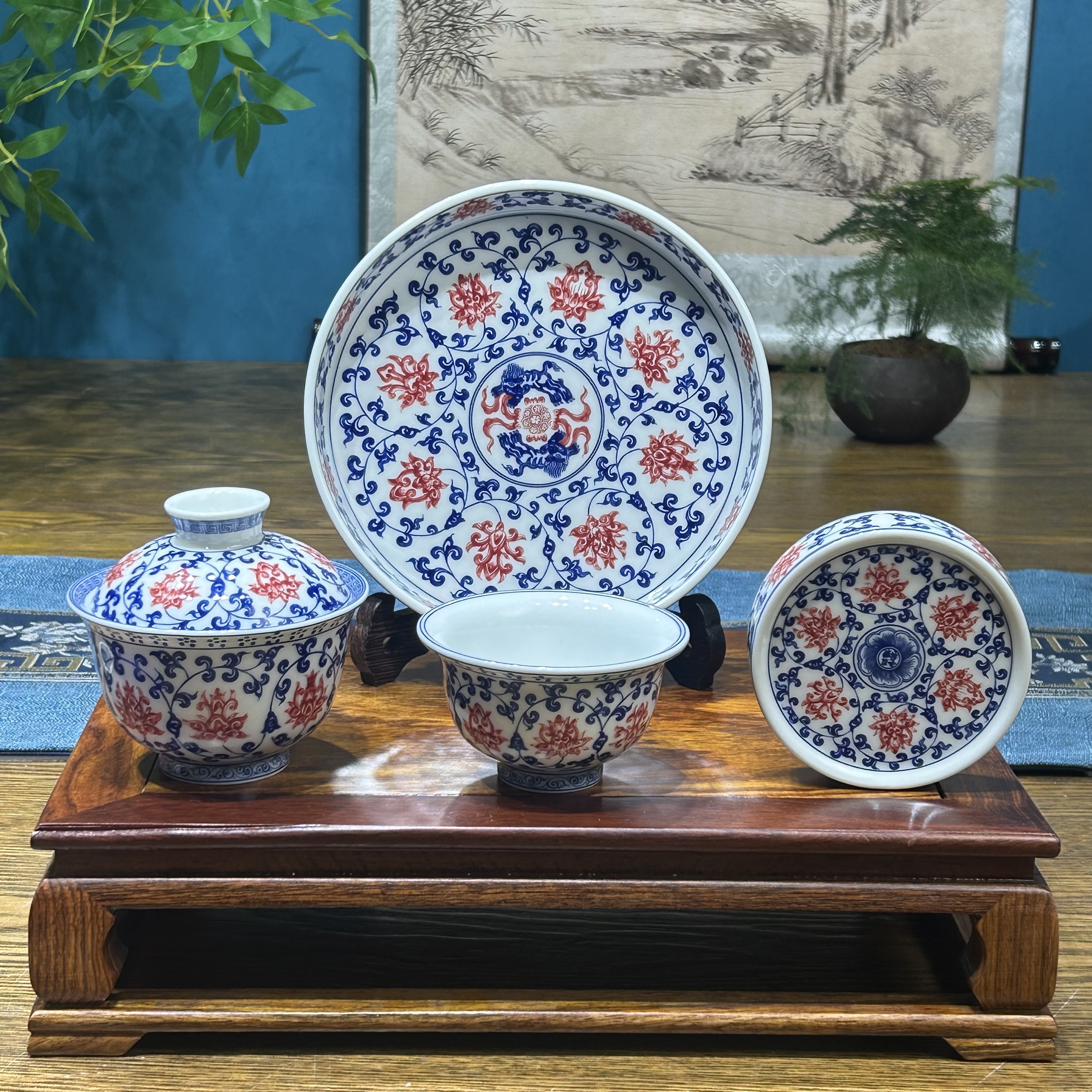 景德镇陶瓷青花瓷青花釉里红缠枝莲整套茶器家用中式高端茶器