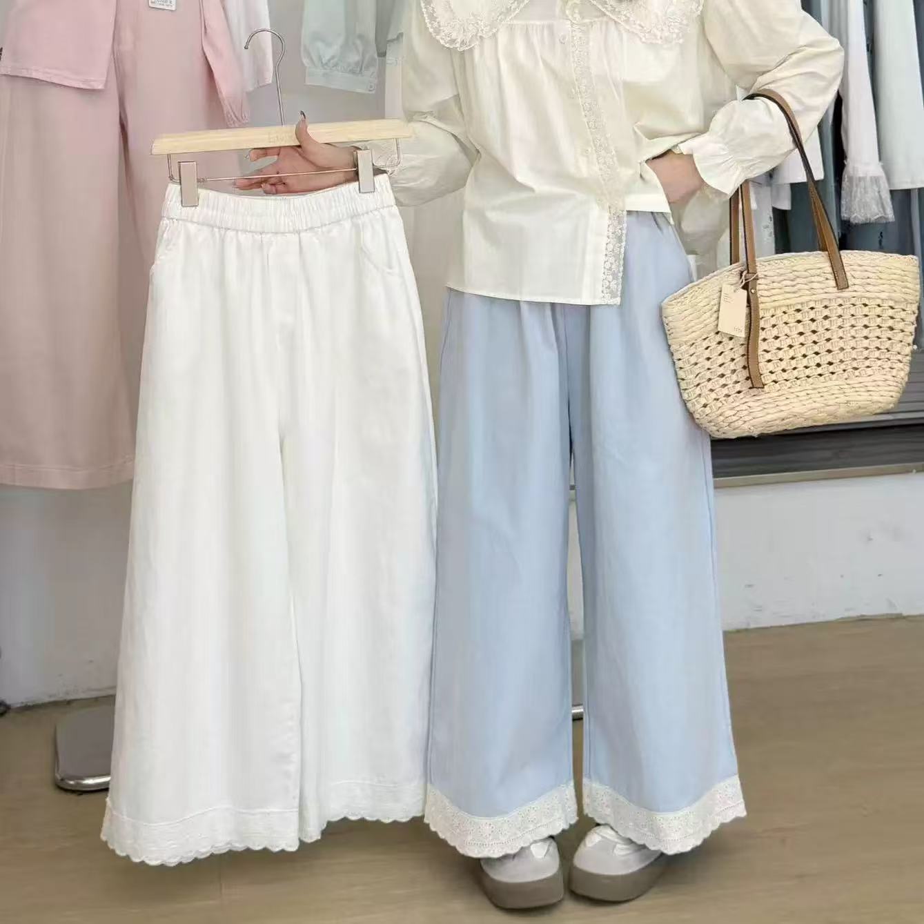 【苗姐优选】春季新款蕾丝边修身显瘦气质款直筒休闲裤长裤QQBH535