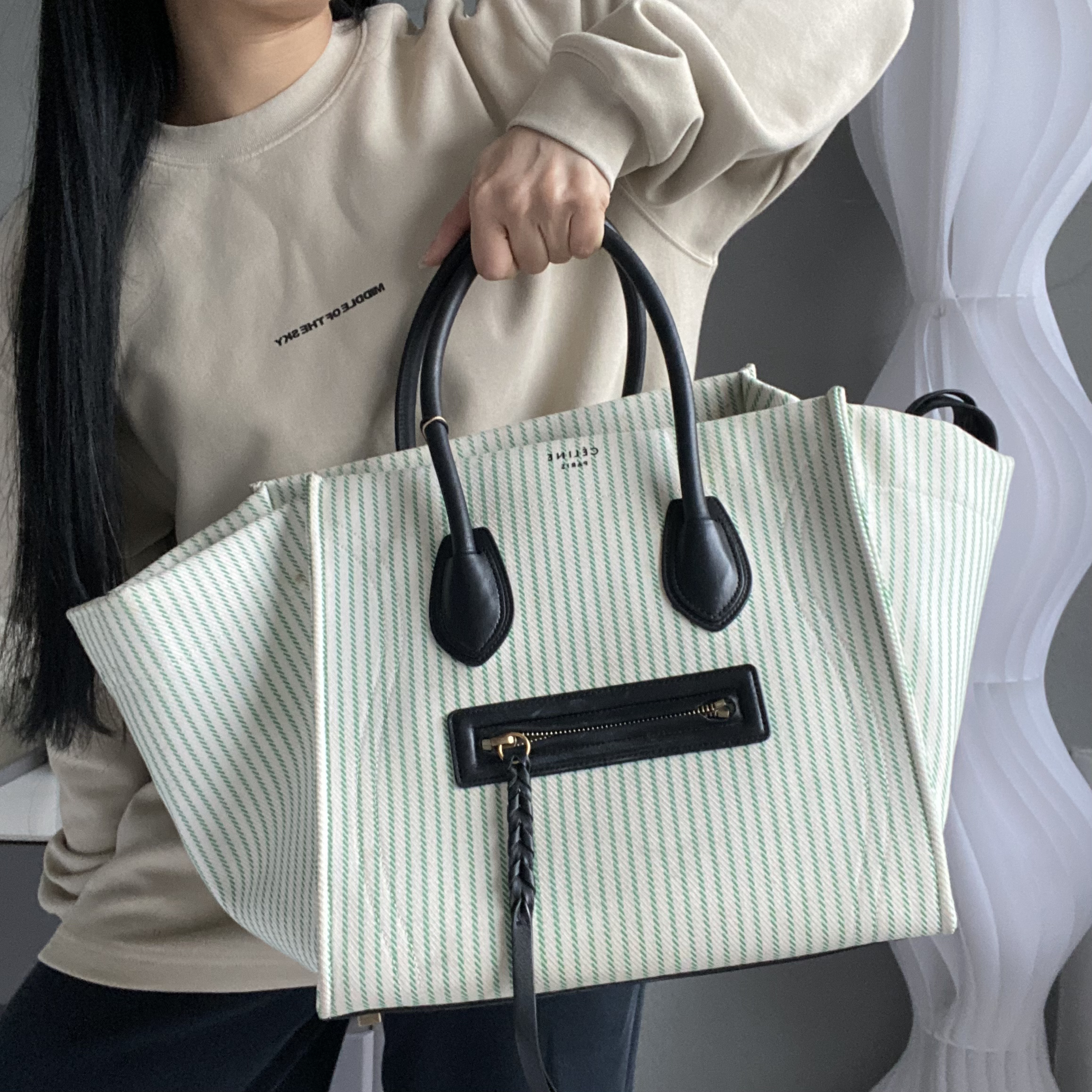 95新 Celine/思琳 【可】淡绿色笑脸托特包大号 88 1228
