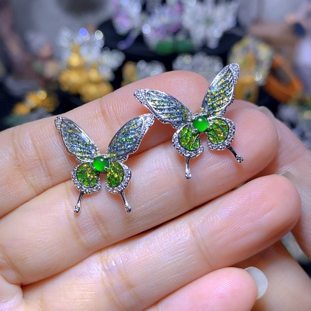 翡翠银S925镶嵌耳饰天然翡翠