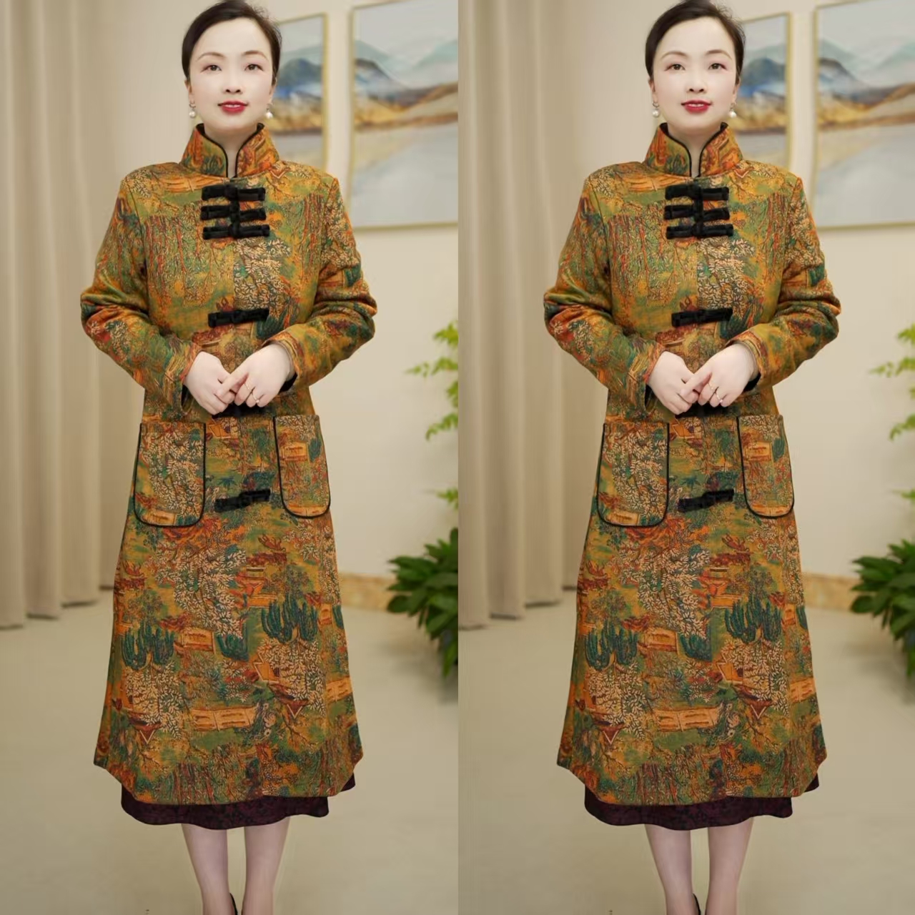 妈妈装秋冬中长款风衣外套保暖印色修身气质棉衣女外套中长款