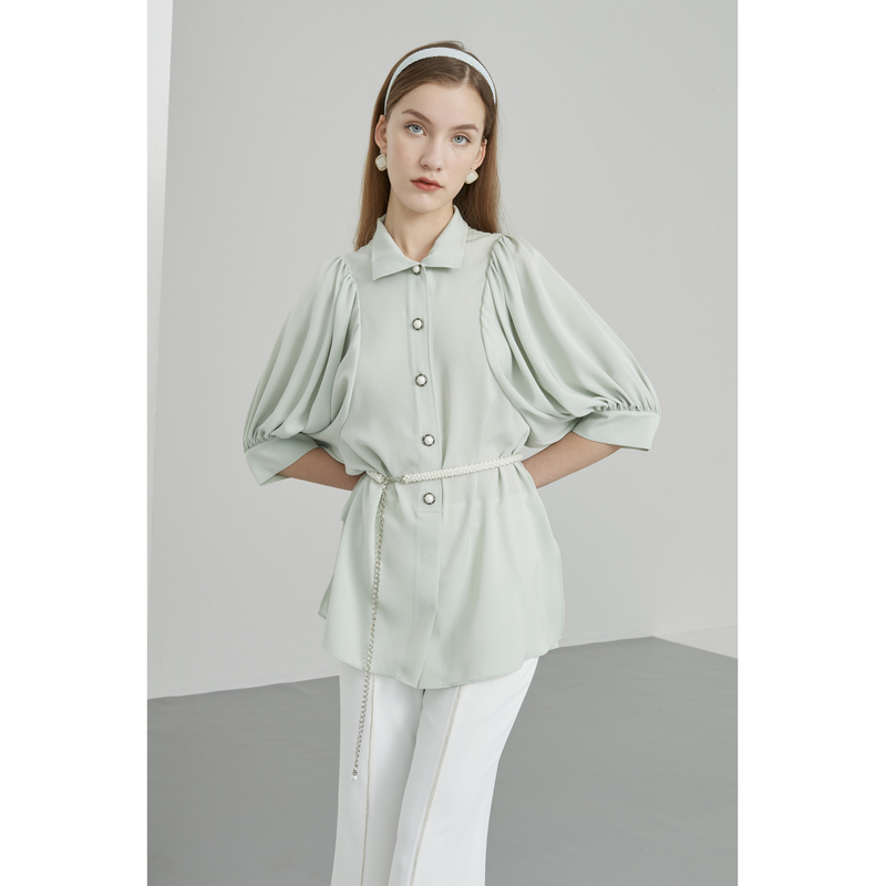 ANMANI恩曼琳夏季翻领蝙蝠袖珍珠腰链宽松雪纺衫女EANCBH55
