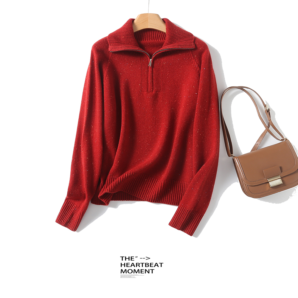 秋冬女士厚款羊毛衫点点彩纱拉链宽松绵羊毛针织衫BN899