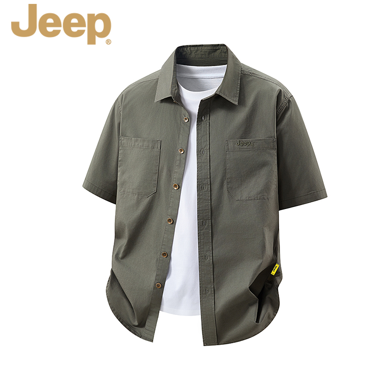 JEEP官方正品凉感透气短袖纯棉衬衫男夏季复古休闲双口袋工装衬衣