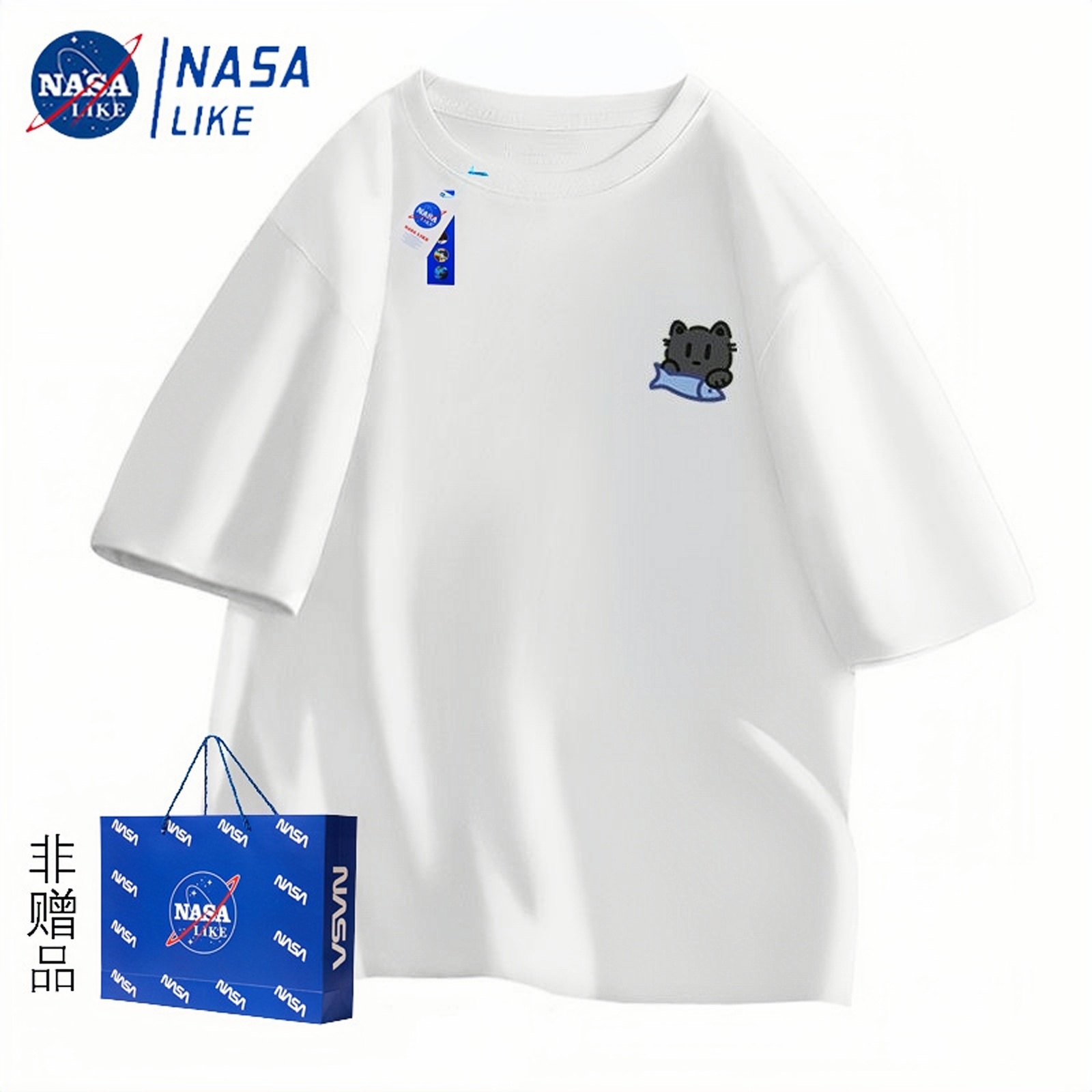NASA 联名趣味摸鱼猫咪印花纯棉短袖t恤男女夏季潮流宽松休闲上衣