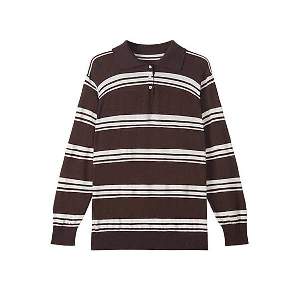 CacheCache美式条纹翻领针织衫女冬季POLO款套头百搭长袖打底上衣