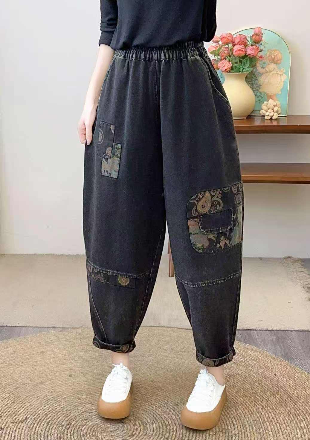 春秋新款文艺刺绣女士大码宽松显瘦牛仔哈伦裤