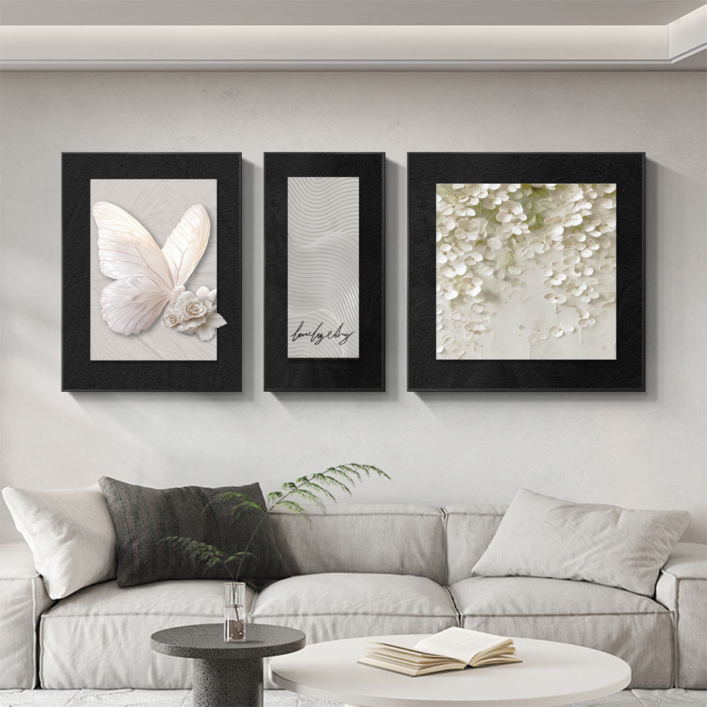 现代简约蝴蝶花卉装饰画客厅沙发背景墙挂画高级感三联画黑色框
