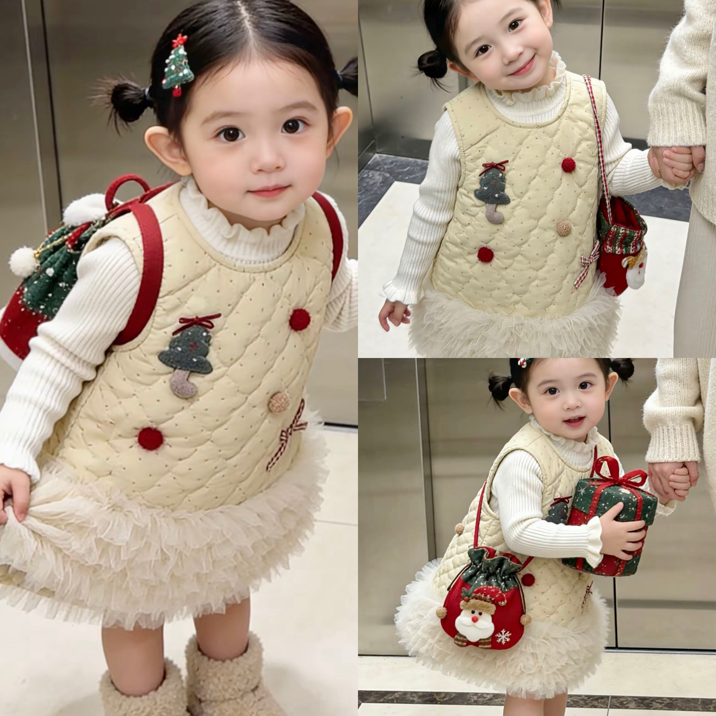 冬季女童波点网纱加绒裙圣诞女童连衣裙宝宝时髦小香风背心连衣裙
