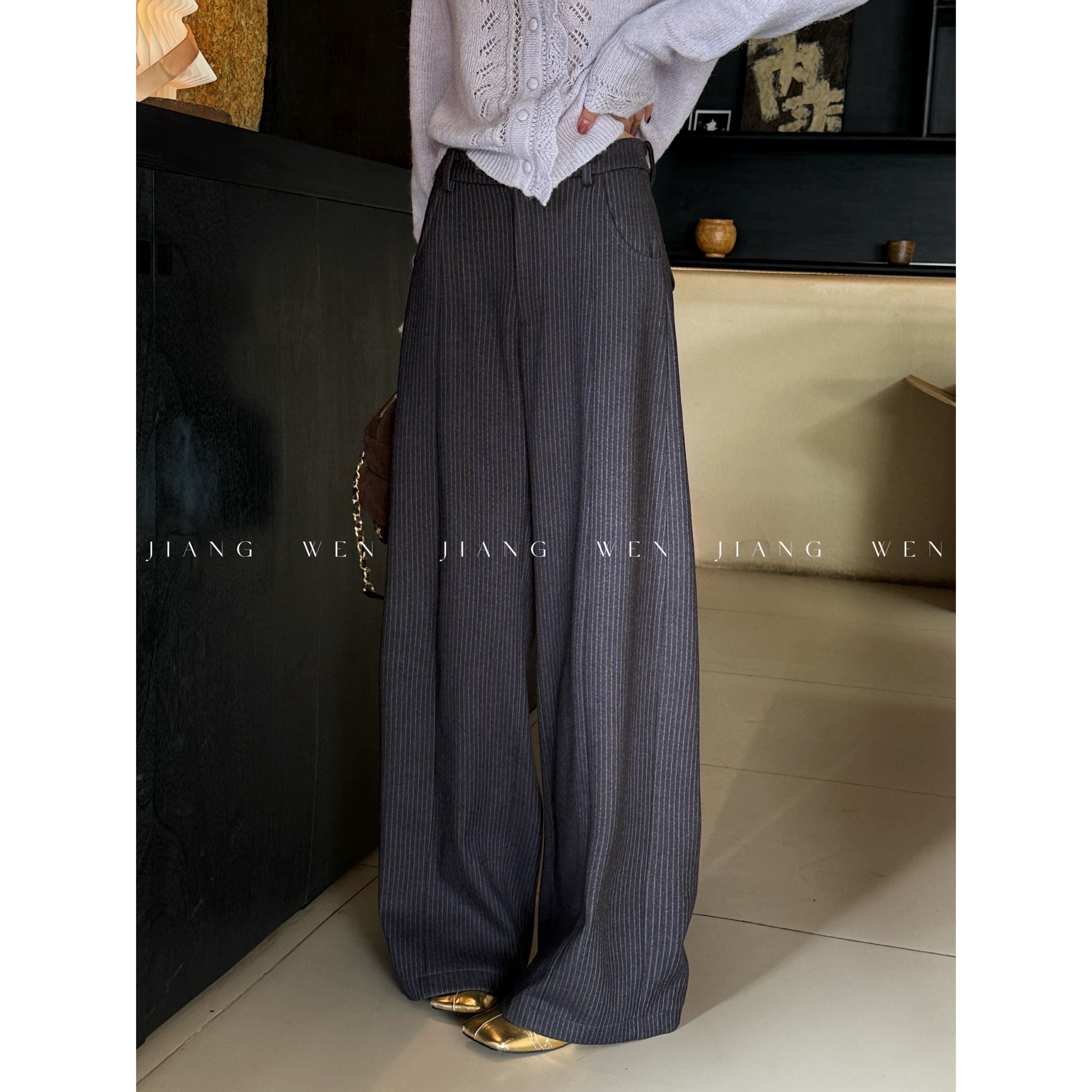 【条纹毛呢西裤】姜雯 慵懒宽松灰条纹直筒休闲裤