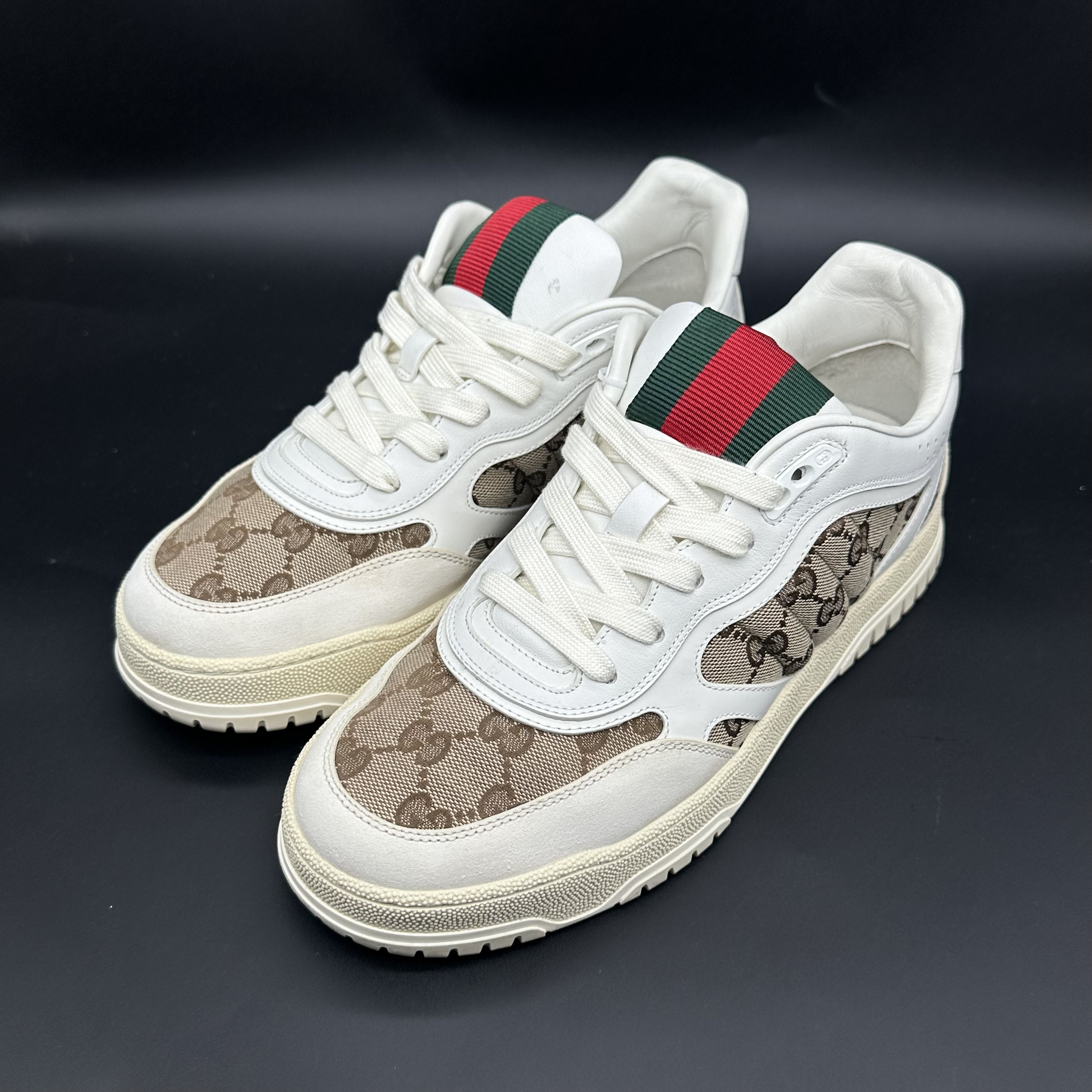 95新 GUCCI/古驰 白棕拼接麂皮男士时尚板鞋40码奢l