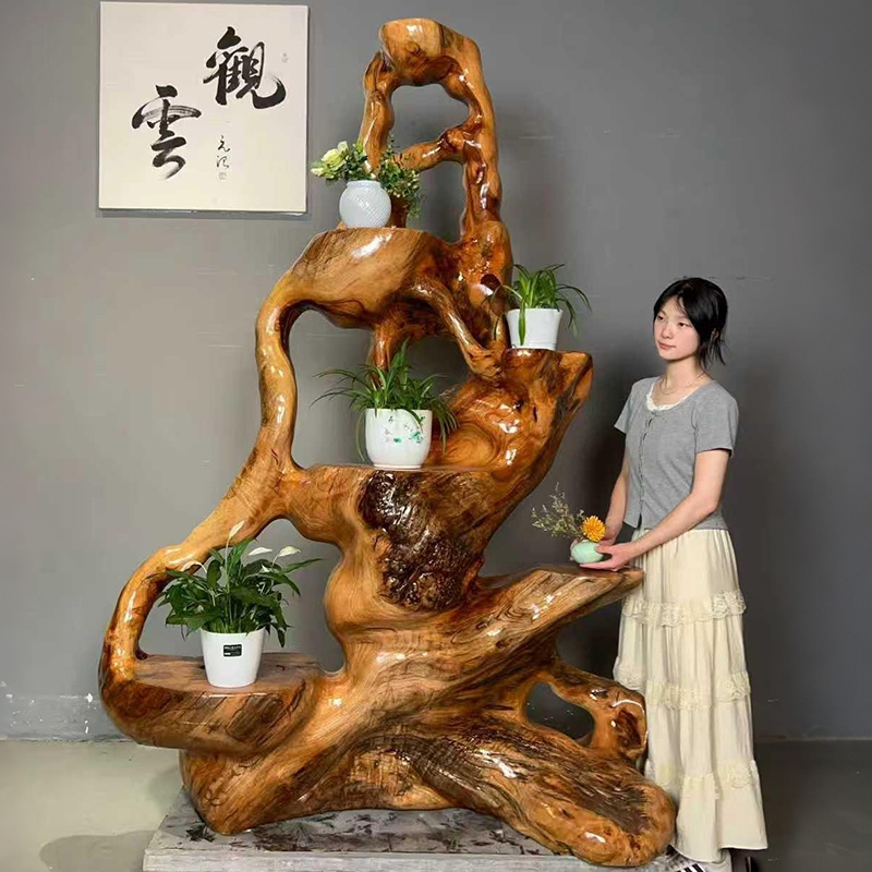天然原木树根雕花架落地盆景架实木根艺置物架