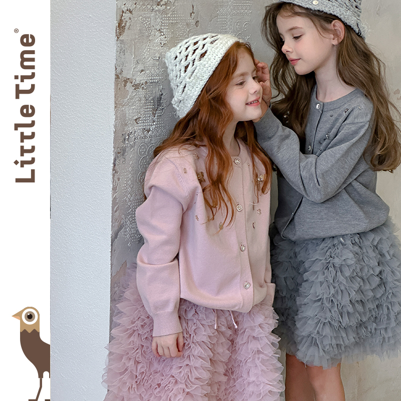 littletime女童毛衣2025秋冬新款儿童洋气手工亮片针织开衫上衣